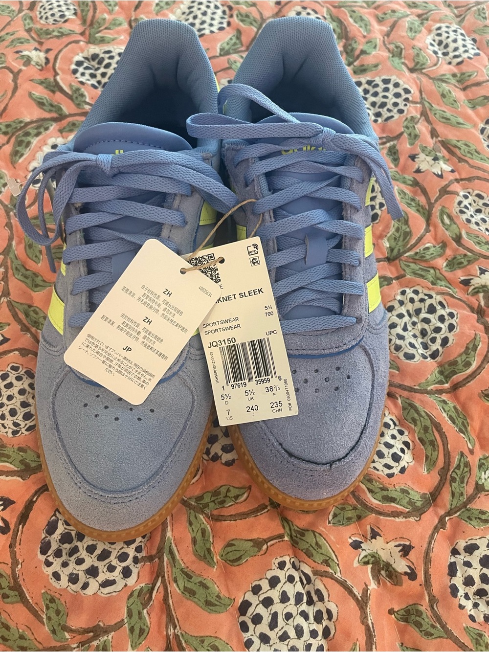 adidas Light Blue Suede Sneakers with Neon Yellow Stripes